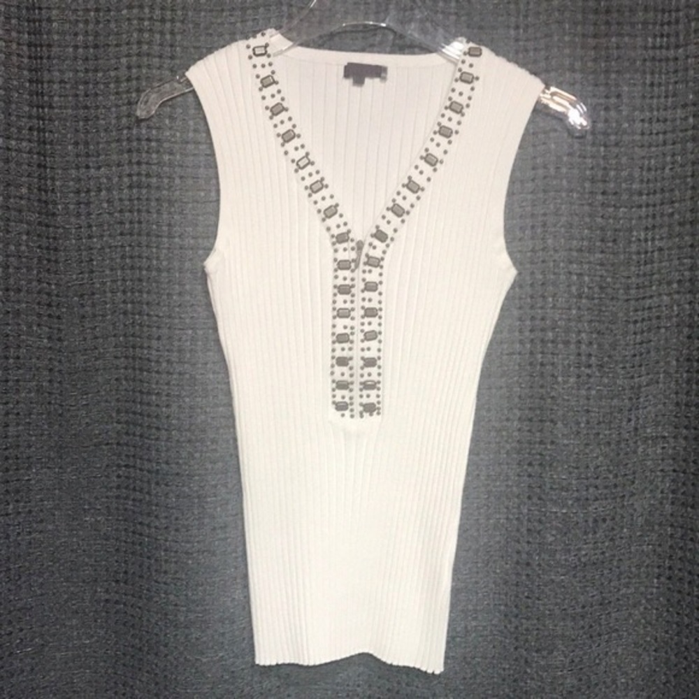 Sleeveless Ribbed V-Neck Tank with Embellished Trim - White